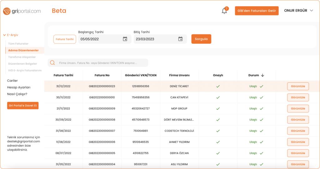 Tarafıma Kesilen Faturaları Görüntüleme