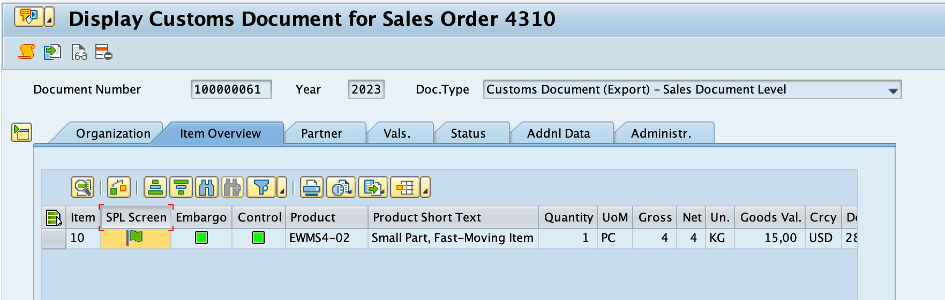 Display Customs Document for Sales Order