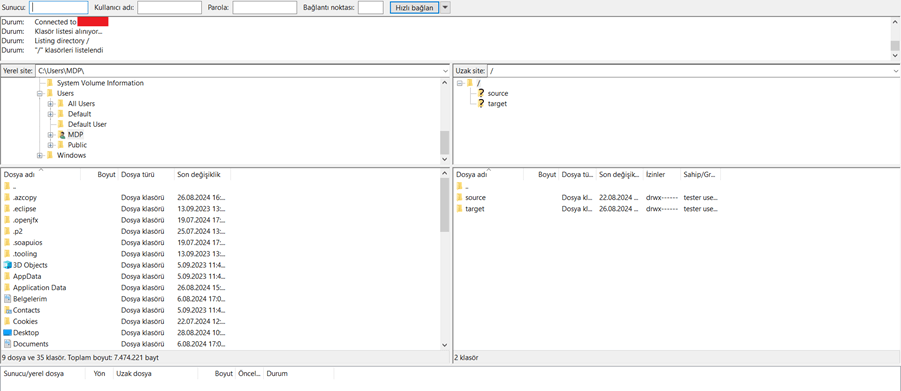 Filezilla ana ekranında SFTP sunucusuna erişme