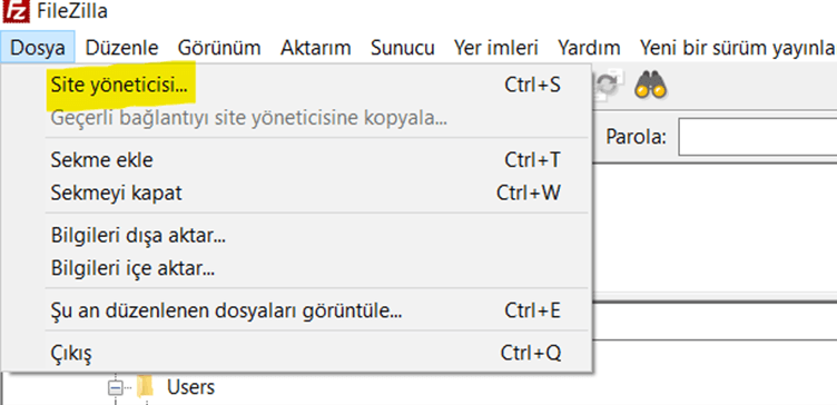 filezilla site yöneticisi