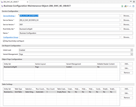 Business Configuration işlevlerini kontrol eden yeni bir Maintenance Object oluşturma ekranı.