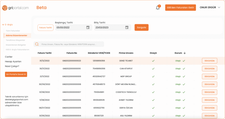 Tarafıma Kesilen Faturaları Görüntüleme