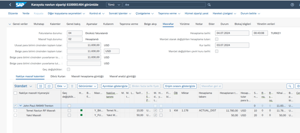Navlun siparişi Charges sekmesi; agreement, calculation sheet ve charge type satırları